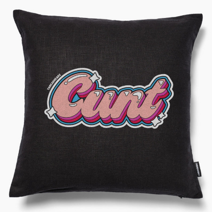 Black C.U.N.T pillow case with colourful statement design