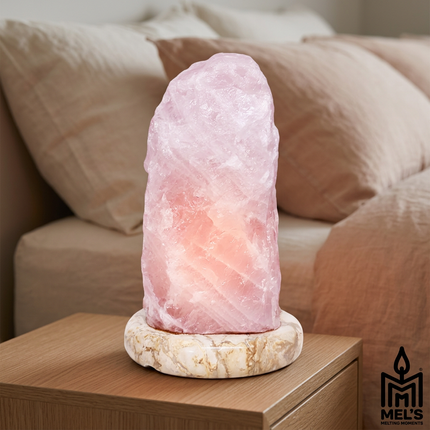 Rose quartz lamp in a relaxing bedroom setting