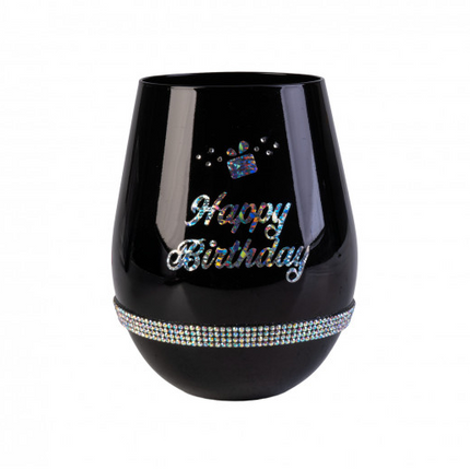 Happy Birthday Black Luxe Stemless Wine Glass