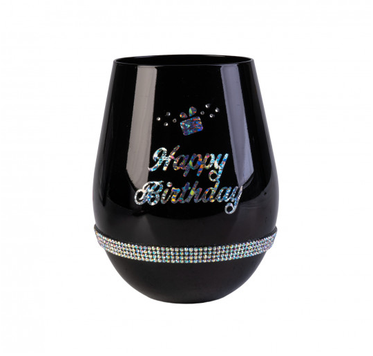 Happy Birthday Black Luxe Stemless Wine Glass