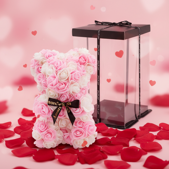 Rose bear - Ombre White and Pink with Black bow in box