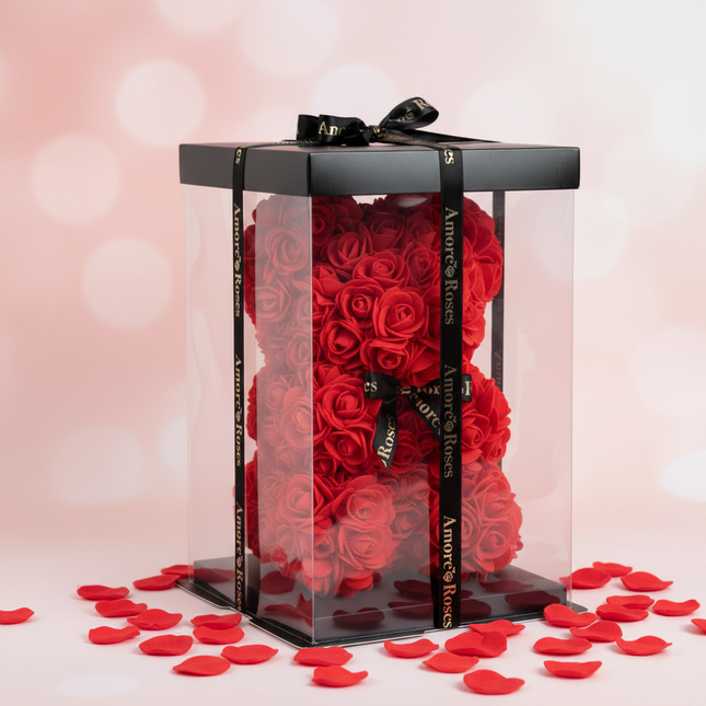 Rose bear - Red with Black bow in box 25cm