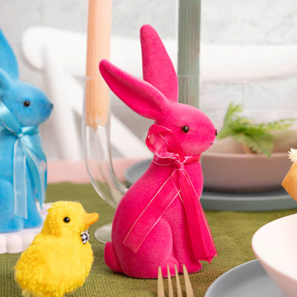 Sitting Long Ear Bunny Rabbit w Bow Flocked Hot Pink (19cmH)