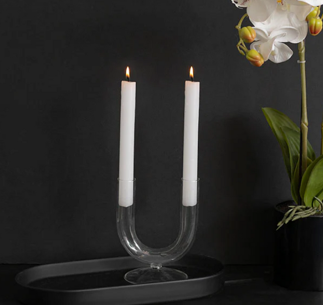Glass Palma U Shape Dinner Taper Candle Holder (9x11x15cmH)