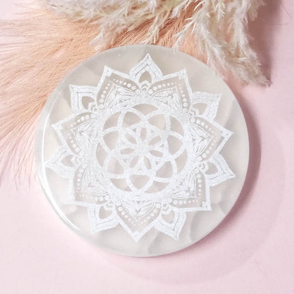 Selenite Round Engraved Plate Mandala