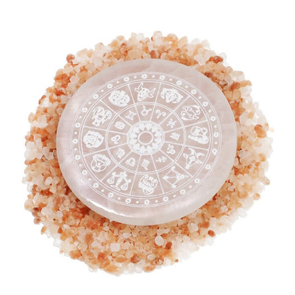 Selenite Round Engraved Plate — Birth Signs