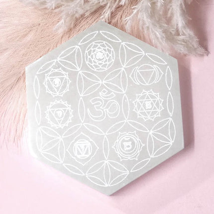 Selenite Hexagon Engraved Plate 7 Chakras