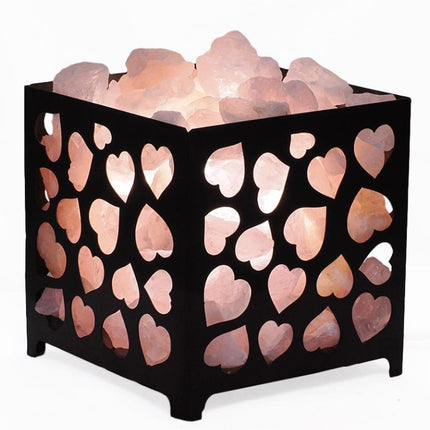 Rose Quartz Rough Crystal Heart Basket Lamp – White LED Bulb