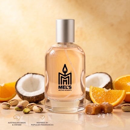 Pistachio, Coconut & Salted Caramel eau de toilette 100ml bottle with the Mel's Melting Moments logo, keeping the original liquid colour, with coconuts, pistachios, caramel and orange slices on a sunny background