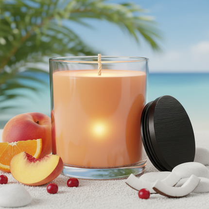 Sex on the Beach Large 80 Hour Pure Soy Candle in clear glass jar with black wooden lid, single wick
