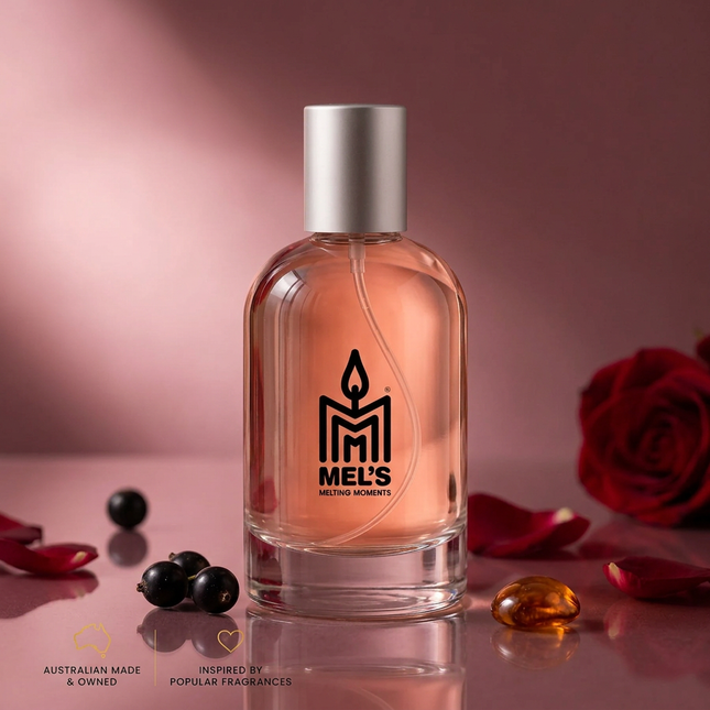 Si Type eau de toilette 100ml bottle with the Mel's Melting Moments logo, keeping the original liquid colour, with dark berries, rose petals and amber accents on an elegant background