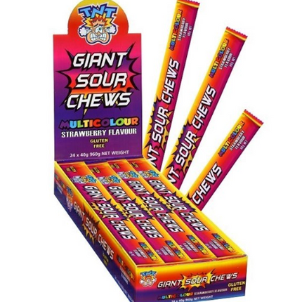 TNT Giant Sour Chews Multicolour Strawberry 40G box with individual sticks