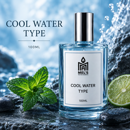 Cool Water Type eau de toilette 100ml bottle with the Mel's Melting Moments logo, mint leaves and lime on a fresh water background