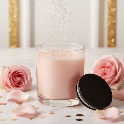 Pink Champagne Large 80 Hour Pure Soy Candle in clear glass jar with black wooden lid, single wick