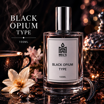 Black Opium Type eau de toilette 100ml bottle with the Mel's Melting Moments logo, coffee, white flowers and vanilla on a dark marble background