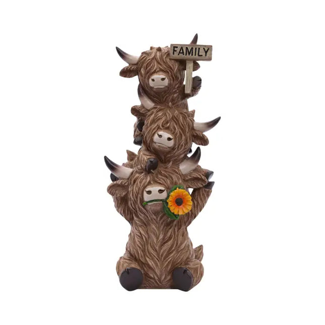 Saddle & Bloom Family Highland Cow figurine - three stacked Highland Cows with sunflower and Family sign