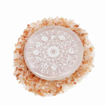 Selenite Round Engraved plate birth signs