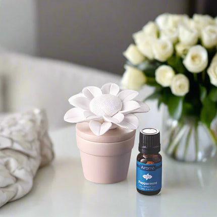 Sunflower Porcelain Passive Essential Oil Diffuser inc 15 mL bottle of pure Peppermint essential oil
