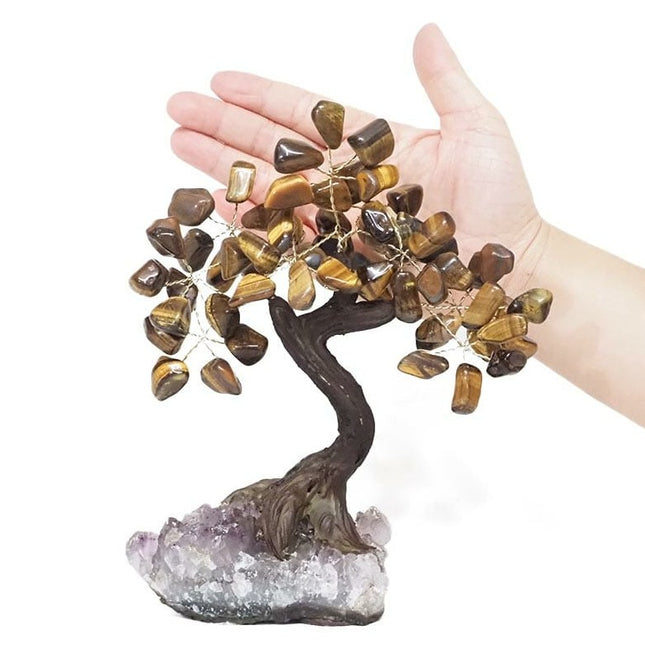 Tiger Eye Gemstone Bonsai Tree on Amethyst Cluster 12 Branches