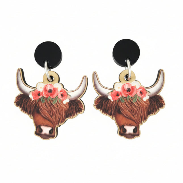 Floral Highland Cow Earrings