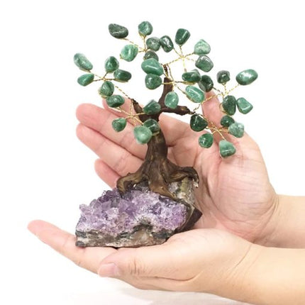 Green Quartz Gemstone Bonsai Tree on Amethyst Cluster 14cm